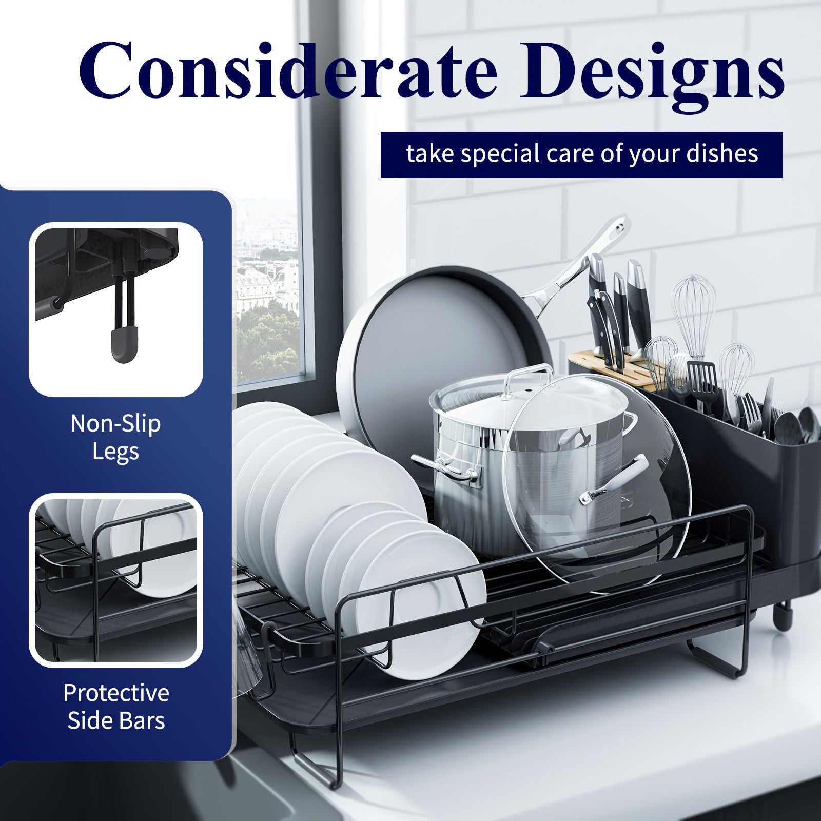 Adjustable Extendable Shelves Dish Drying Rack 19.2''-26.7'' | Stainless Steel Rustproof & Fingerprint-Free Design, Anti-Slip Silicone Caps + Cutlery/Cup Shelves, Countertop Drainboard For Kitchenware Organization