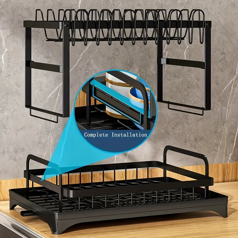 Space-Saving 2-Tier Deluxe Dish Rack Organizer with Easy Drain System, Cutlery and Cup Holders, Black