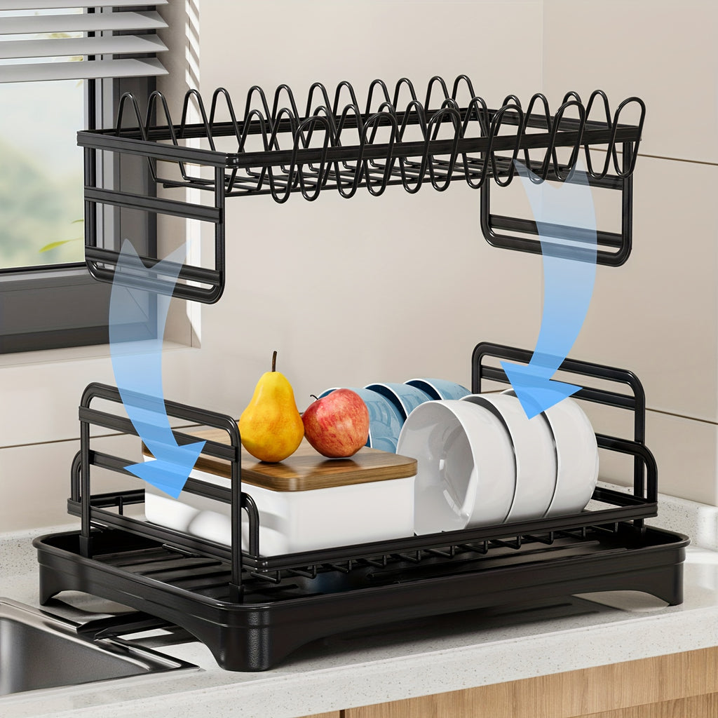 Space-Saving 2-Tier Deluxe Dish Rack Organizer with Easy Drain System, Cutlery and Cup Holders, Black