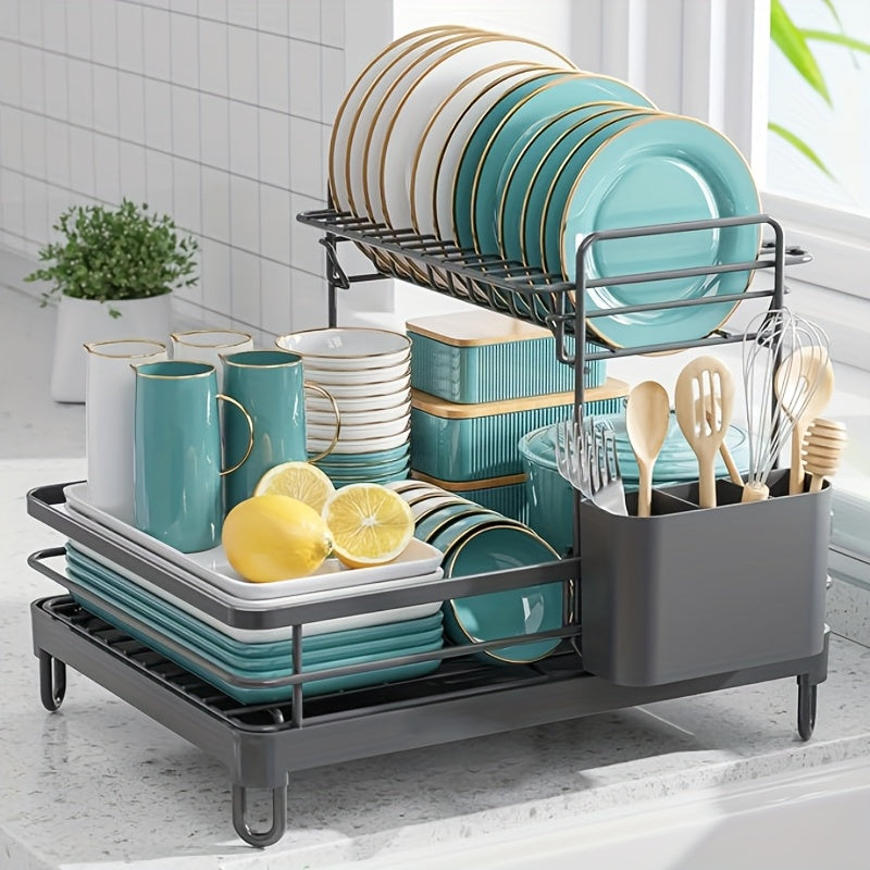 [Modern Dish Drying Rack] Extra Large 2-Tier Stainless Steel Dish Drying Rack for Kitchen Countertop | Utensil Organizer with Holder, Spoon Rest & Plate Storage - Black, Modern Durable Kitchenware