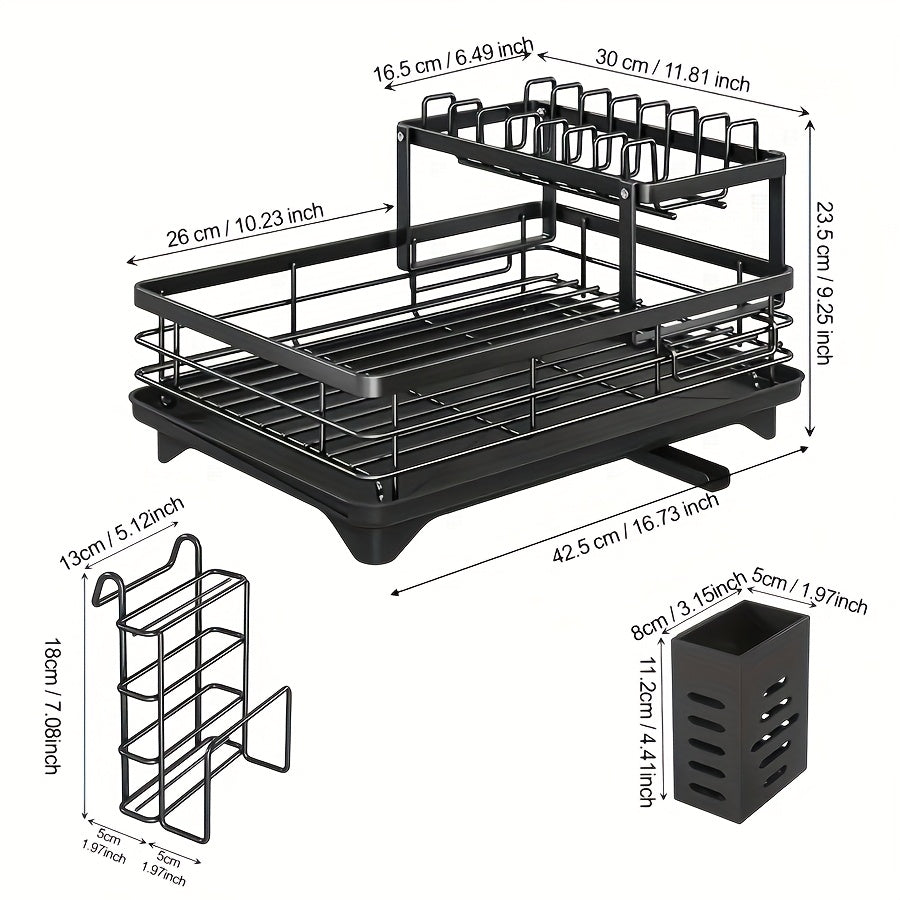 Deluxe 2-Tier Metal Dish Drying Rack - Freestanding Kitchen Rack with Automatic Water Drainage, Bowl and Chopstick Holder, Knife Slot, Board Stand - Rustproof, High Capacity, Easy Cleaning