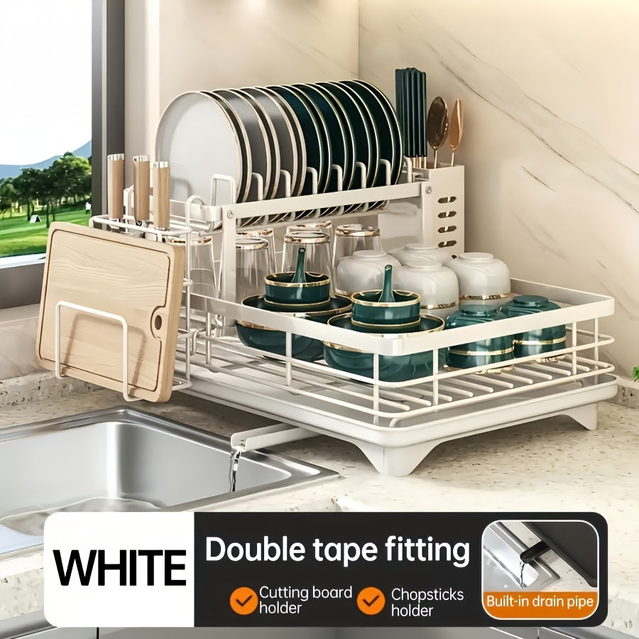 Deluxe 2-Tier Metal Dish Drying Rack - Freestanding Kitchen Rack with Automatic Water Drainage, Bowl and Chopstick Holder, Knife Slot, Board Stand - Rustproof, High Capacity, Easy Cleaning