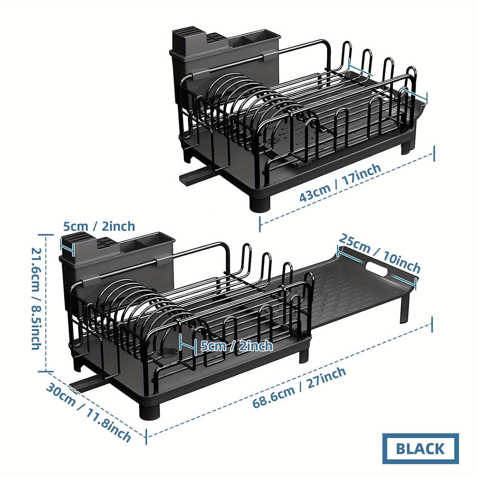 Extendable Dish Rack, Large Dish Drying Rack Multifunctional Dish Rack for Kitchen Counter, Anti-Rust Drying Dish Rack with Cutlery & Cup Holders