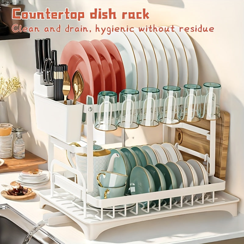 Double Dish Rack for Double Countertops Is Here! It Has a Unique 360° Drainage Function, Tableware Can Dry Quickly. The Drain Tray with The Cutlery Rack And 4 Cup Holders Is Placed Directly Above The Sink, Whether It Is a Dish Or a Cup, It Can Easily