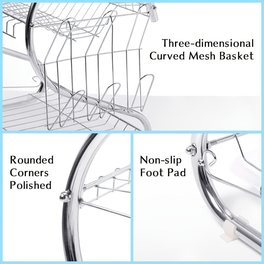 2-Tier Stainless Steel Dish Drying Rack with Cutlery & Cup Holders, Space-Saving Compact Kitchen Organizer, Heavy-Duty Rust-Resistant Design with Drainage System for Small Kitchens, Dishwasher Safe & Easy to Clean Countertop Storage