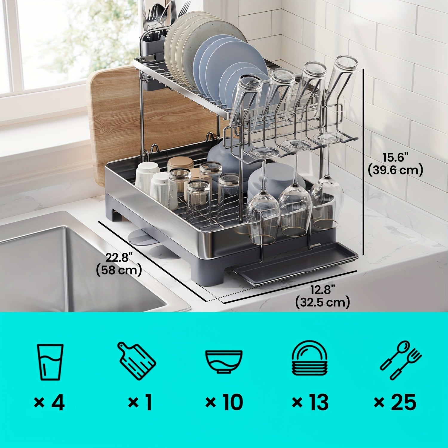 [Space-Saving Dish Rack] 2 Tier Dish Drying Rack - Space-Saving Dish Rack With Rotatable Drain Spout, Extendable Drain Spout, For Utensils, Cups, Glasses, Cutting Boards, And Easy To Assemble, New Year Gift, Valentine's Day Gift