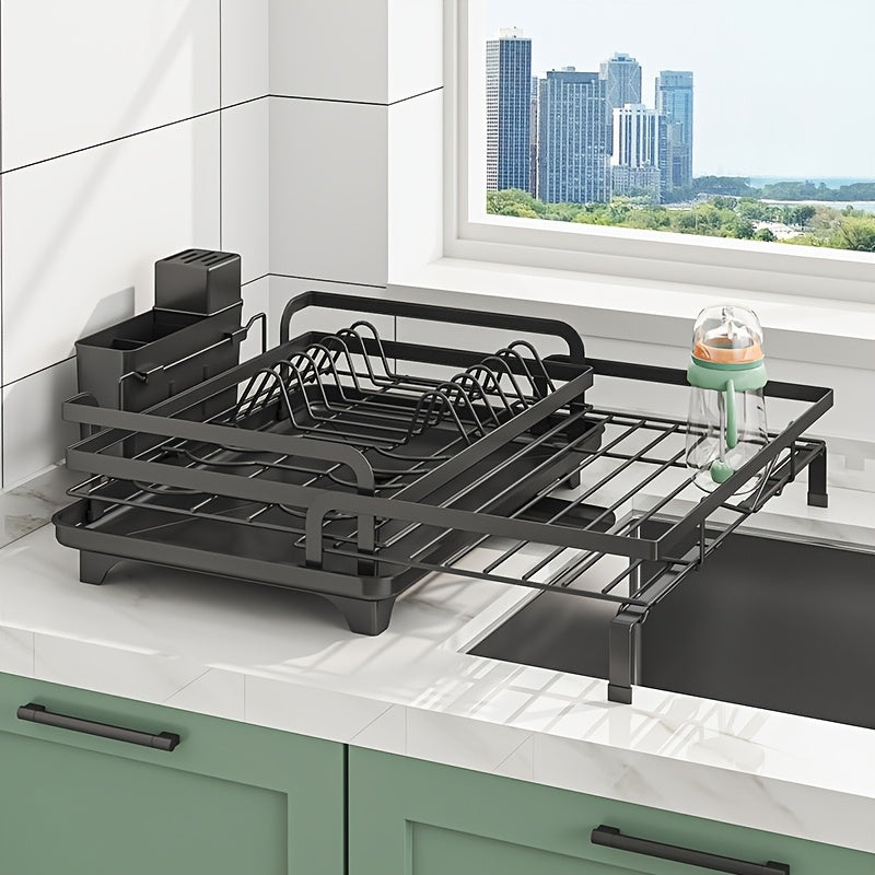 2-in-1 Expandable Rust-Resistant Metal Dish Drying Rack with Pan Slots, Utensil Holder, and Drainboard for Space-Saving Kitchen Counter and Sink Organization