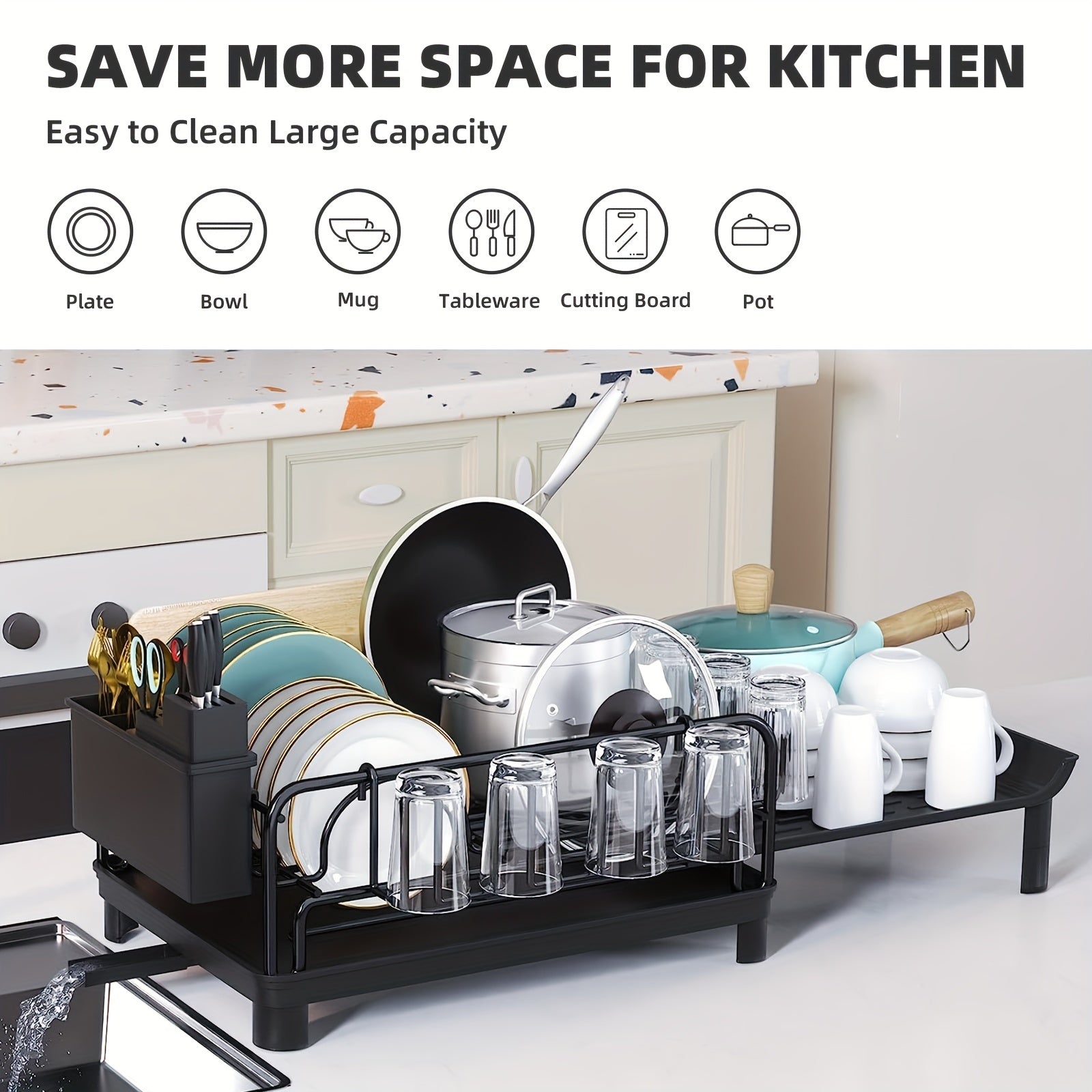Extendable Dish Rack, Large Dish Drying Rack Multifunctional Dish Rack for Kitchen Counter, Anti-Rust Drying Dish Rack with Cutlery & Cup Holders