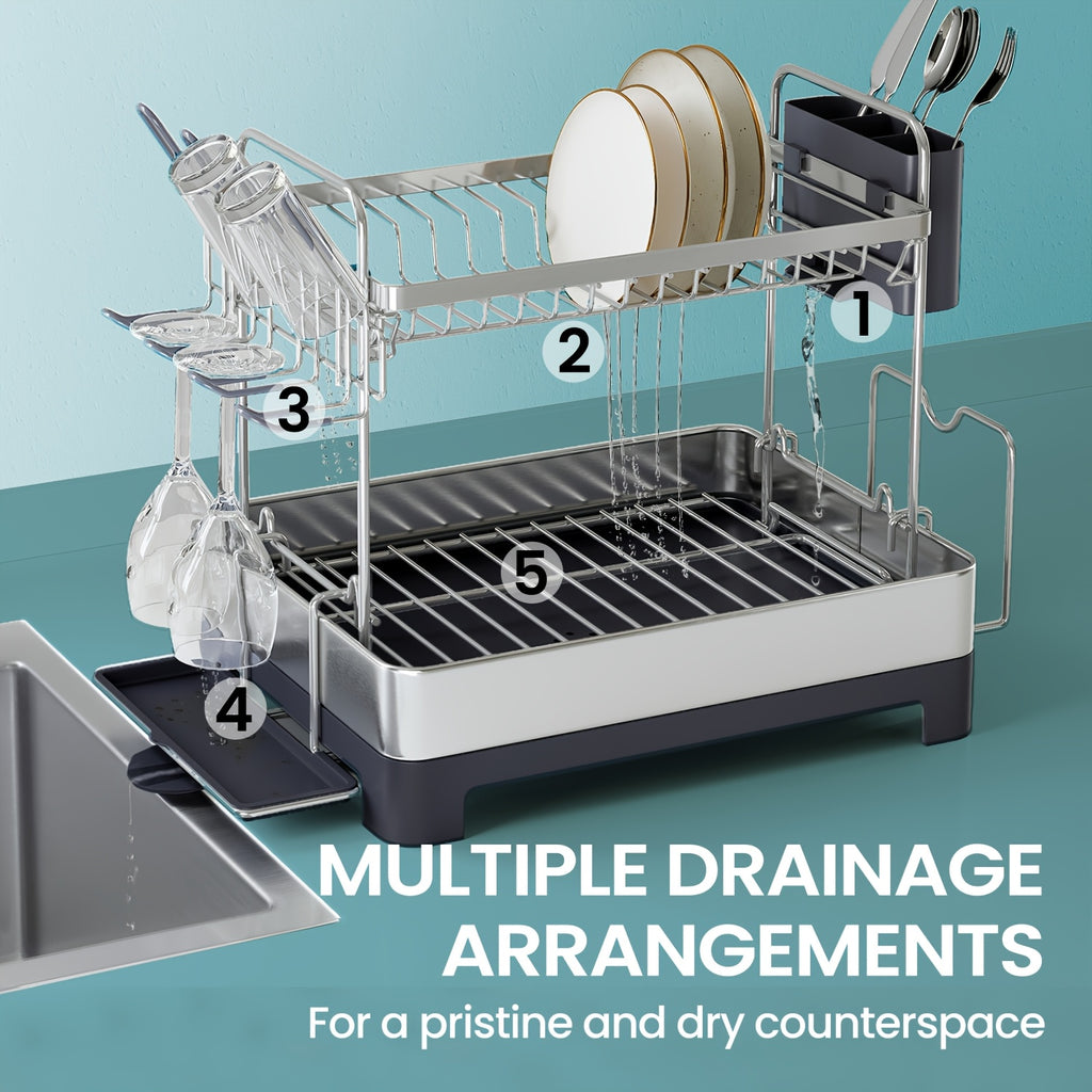 [Space-Saving Dish Rack] 2 Tier Dish Drying Rack - Space-Saving Dish Rack With Rotatable Drain Spout, Extendable Drain Spout, For Utensils, Cups, Glasses, Cutting Boards, And Easy To Assemble, New Year Gift, Valentine's Day Gift