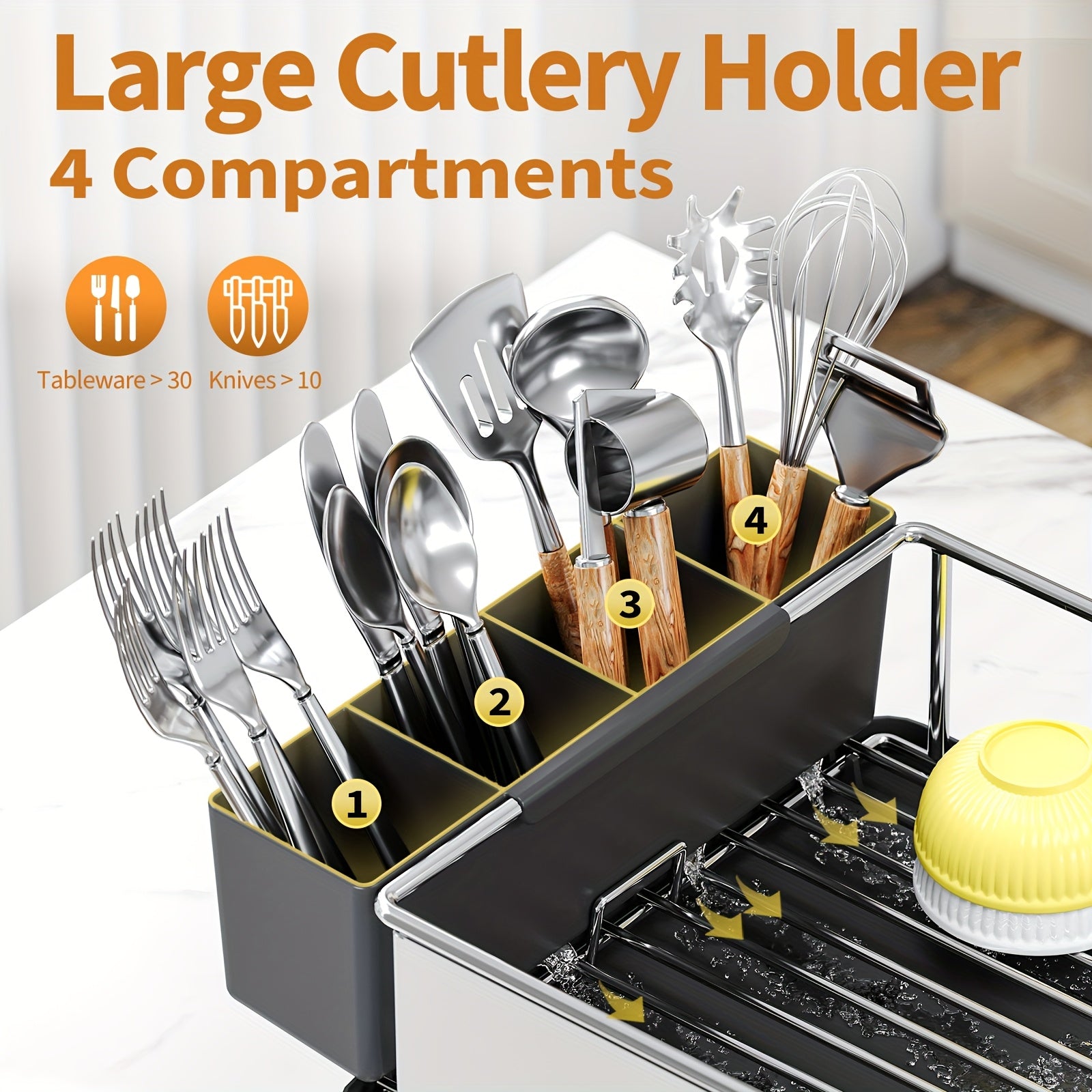 Dish Rack, 304 Stainless Steel Dish Drying Rack For Kitchen Counter, Dish Drainer With Cutlery Holder For Large Capacity, Dish Drying Rack With Drip Tray, Balck
