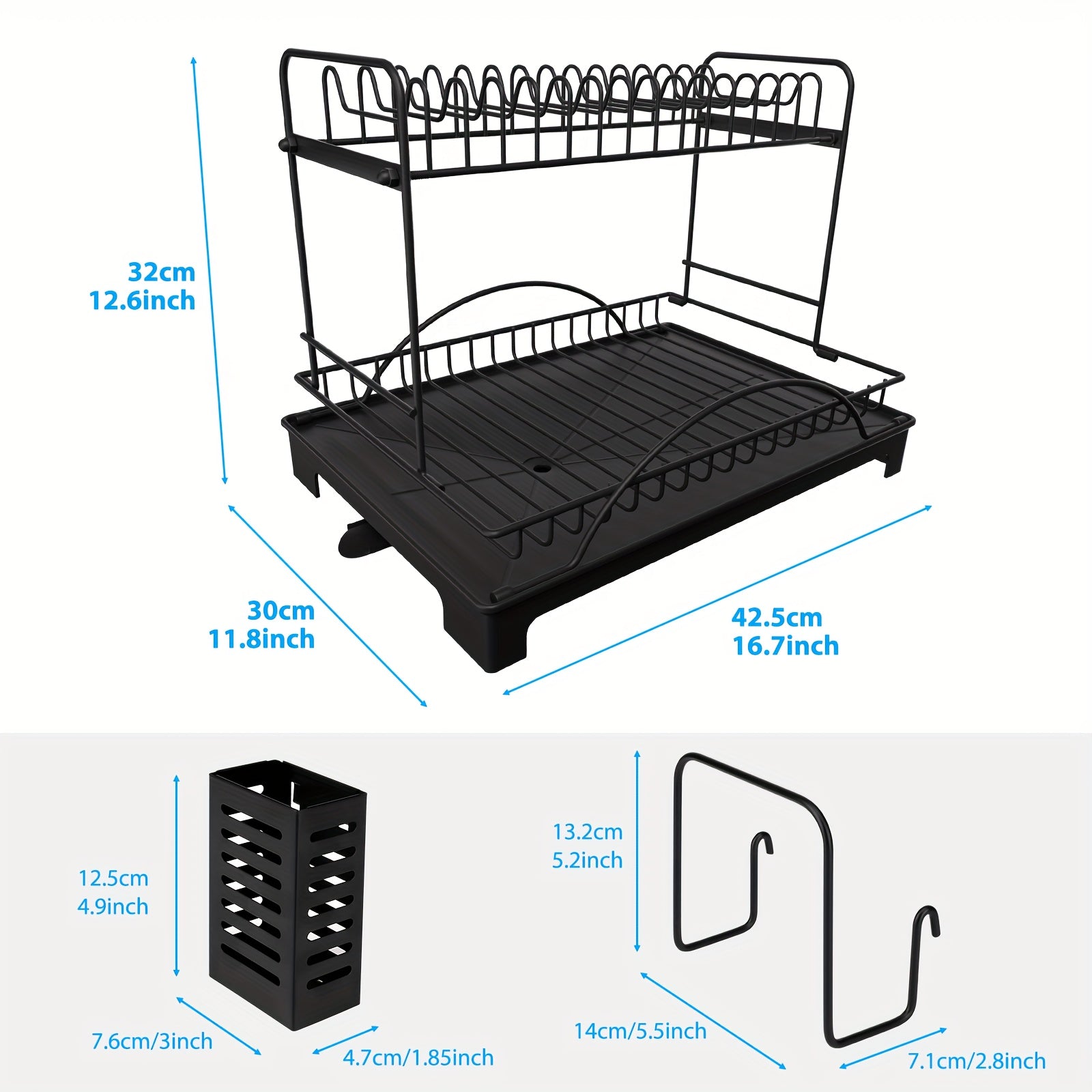 2/3-Tier Large Dish Drying Rack with Drainboard - Heavy-Duty Iron Kitchen Organizer for Dishes, Utensils, Cups & Knives - Space-Saving Countertop Storage with Lower Compartment & Ergonomic Design