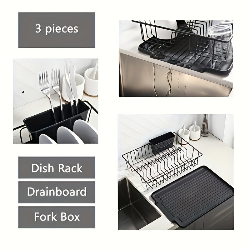 [Rust Resistant Drain Rack] Rust Resistant, Small Stainless Steel 1 Set Of Tableware Drain Rack | Kitchen Counter Utensil Rack, With Black Utensil Rack And Drainage Board, Suitable For Kitchen And RV