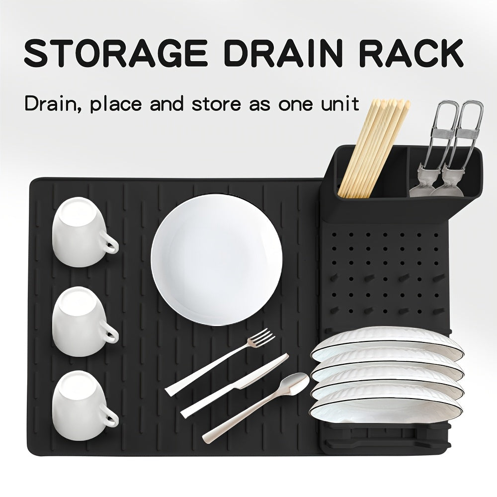 2pcs Silicone Dish Storage Rack Set, Non-Punch Collapsible Kitchen Countertop Organizer with Scratch-Resistant Removable Draining Mat, Home Organization for Bowls and Plates