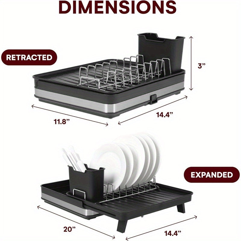 Heavy-Duty Expandable Dish Drying Rack - Space-Saving Adjustable Kitchen Organizer, Extra-Wide Dish Rack (Expands from 11.8" to 20" Wide), Rust-Resistant Aluminum Countertop Rack for Plates, Pots, Utensils - Compact Storage, Black, Kitchen Dish Drying