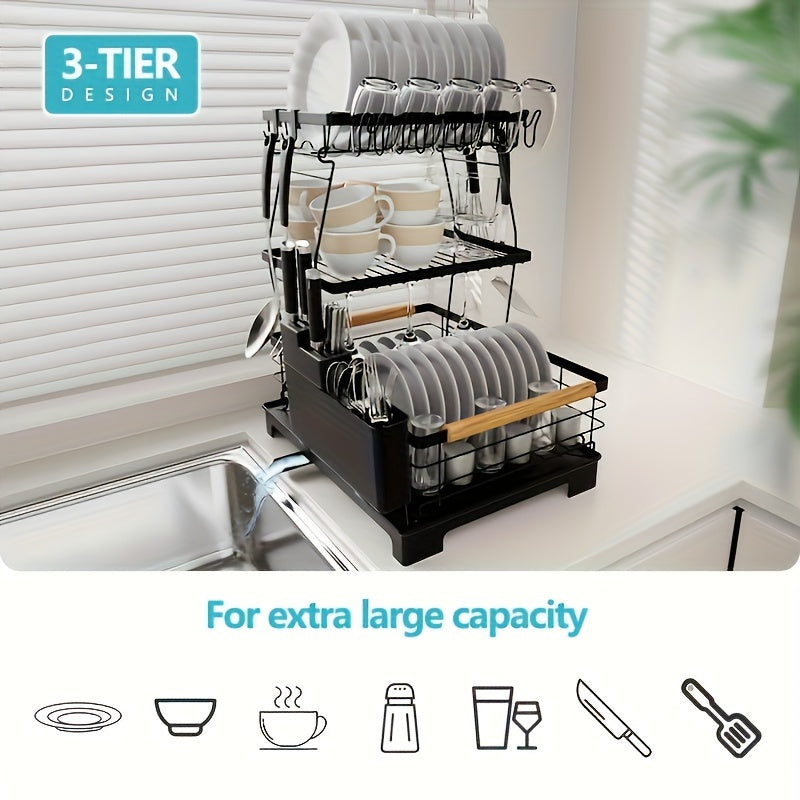 2/3-Tier Large Dish Drying Rack with Drainboard - Heavy-Duty Iron Kitchen Organizer for Dishes, Utensils, Cups & Knives - Space-Saving Countertop Storage with Lower Compartment & Ergonomic Design