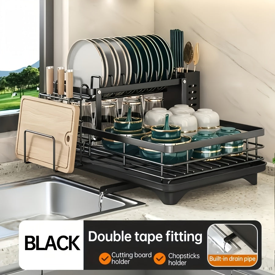 Deluxe 2-Tier Metal Dish Drying Rack - Freestanding Kitchen Rack with Automatic Water Drainage, Bowl and Chopstick Holder, Knife Slot, Board Stand - Rustproof, High Capacity, Easy Cleaning