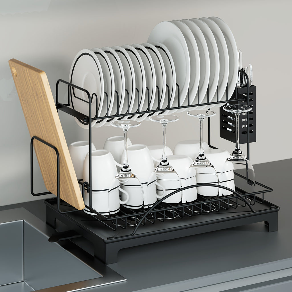 2/3-Tier Large Dish Drying Rack with Drainboard - Heavy-Duty Iron Kitchen Organizer for Dishes, Utensils, Cups & Knives - Space-Saving Countertop Storage with Lower Compartment & Ergonomic Design