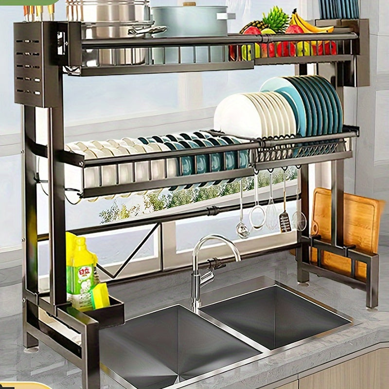 MIKEE Adjustable Over The Sink Dish Drying Rack - 2-Tier Space-Saving Kitchen Organizer with Multifunctional Baskets, Durable Plastic & Carbon Steel Construction, Black, Over Sink Storage | Sleek Black Rack | Innovative Design