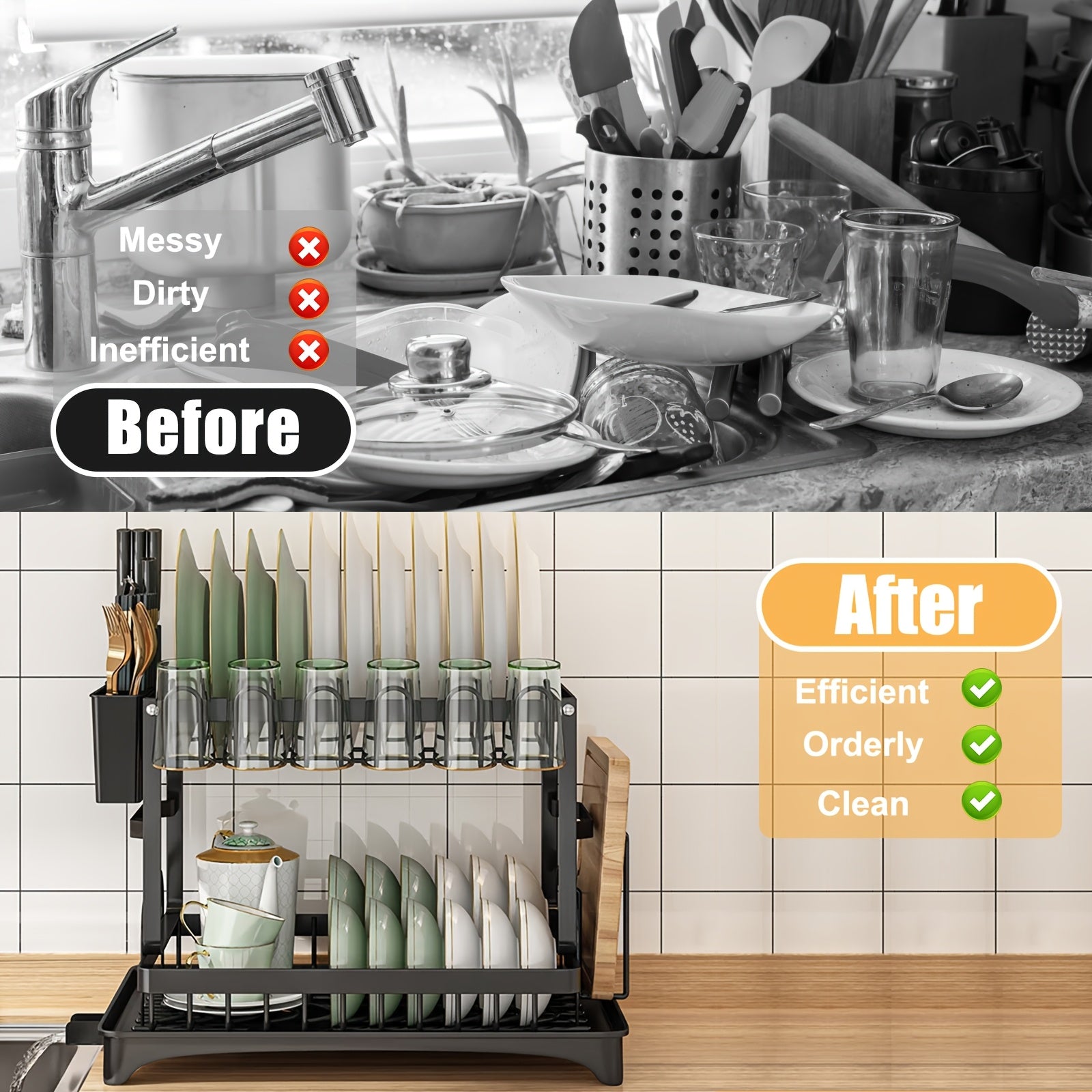 Rustproof Stainless Steel Dish Drying Rack, Dish Drying Rack for Kitchen Counter, Wine Glass Holder & Utensil Holder, Dish Racks for Kitchen Counter, Dish Drainer, Black