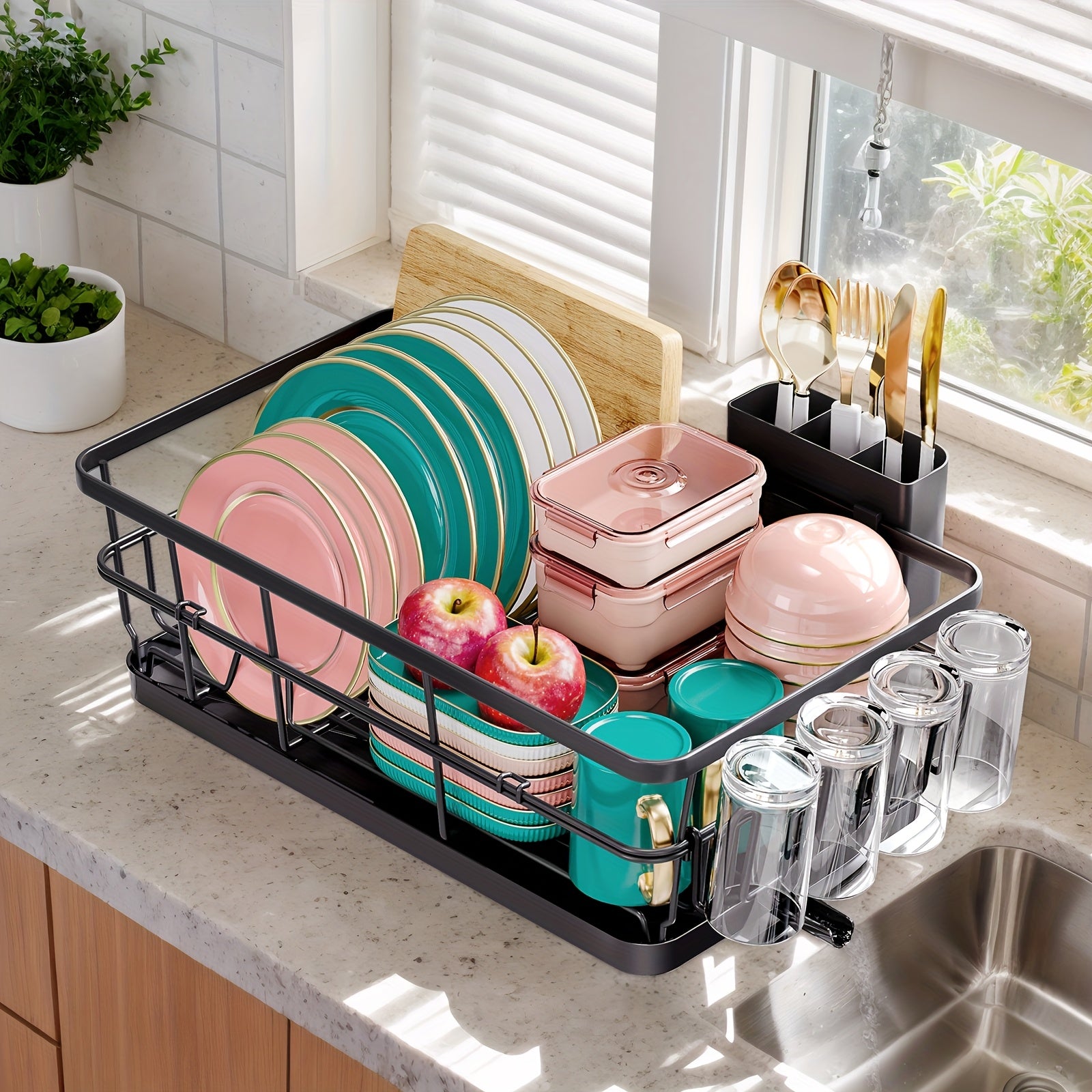 KINGRACK Large Dish Drying Rack for Kitchen Counter, Dish Drainer with Drain Board, Cup Holder & Cutlery Holder, Space-Saving Sink Dish Rack for Drying Plates, Bowls & Utensils