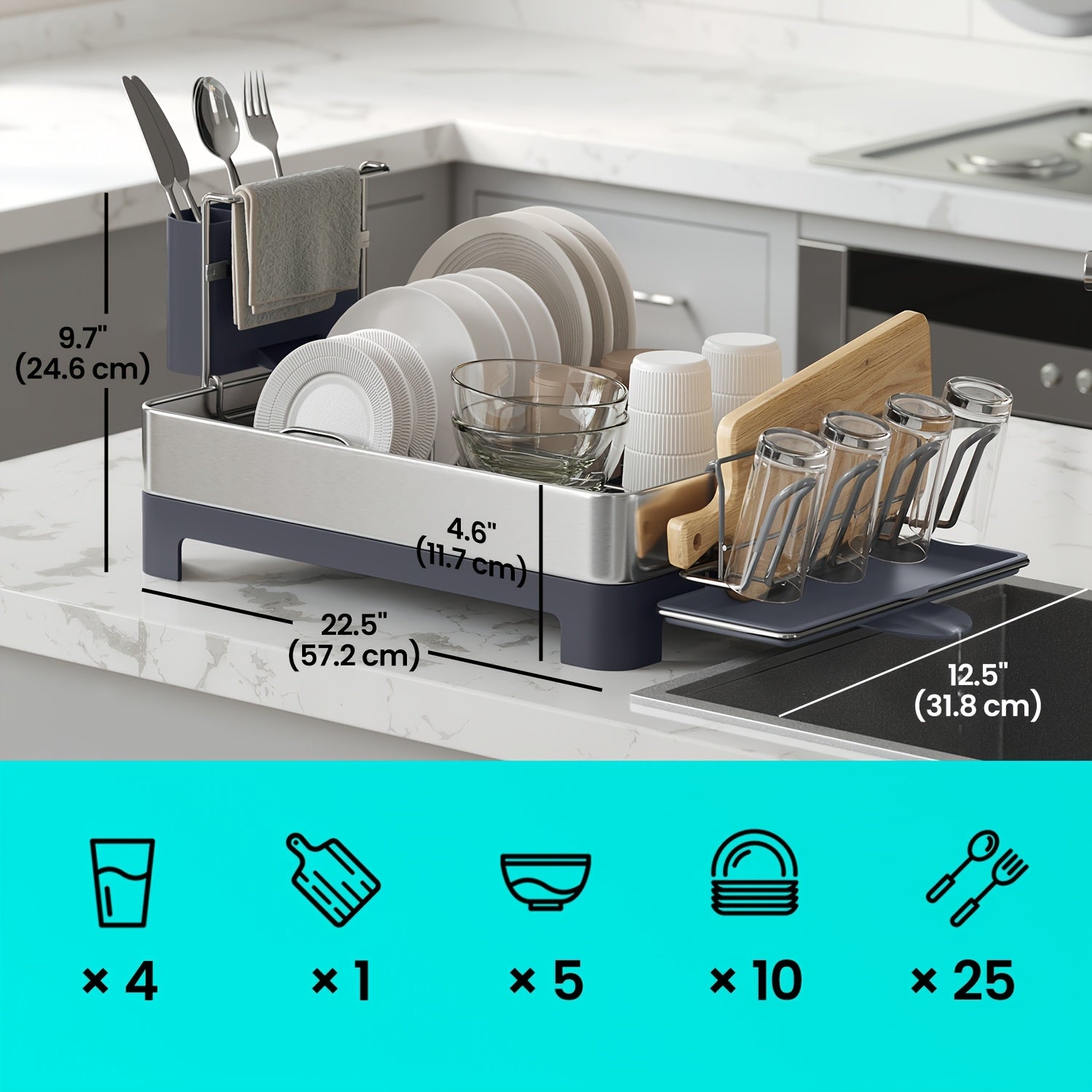 [Stainless Steel Dish Rack] Stainless Steel Dish Drying Rack, 12.5 X 22.5in | Gray, Black, Fingerprint-Resistant, Rotatable Spout, Drainboard, Utensil, Cup, Glass, Cutting Board, Pan Holders