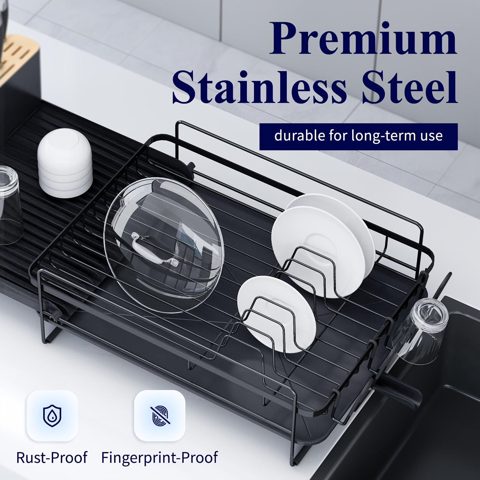 Adjustable Extendable Shelves Dish Drying Rack 19.2''-26.7'' | Stainless Steel Rustproof & Fingerprint-Free Design, Anti-Slip Silicone Caps + Cutlery/Cup Shelves, Countertop Drainboard For Kitchenware Organization