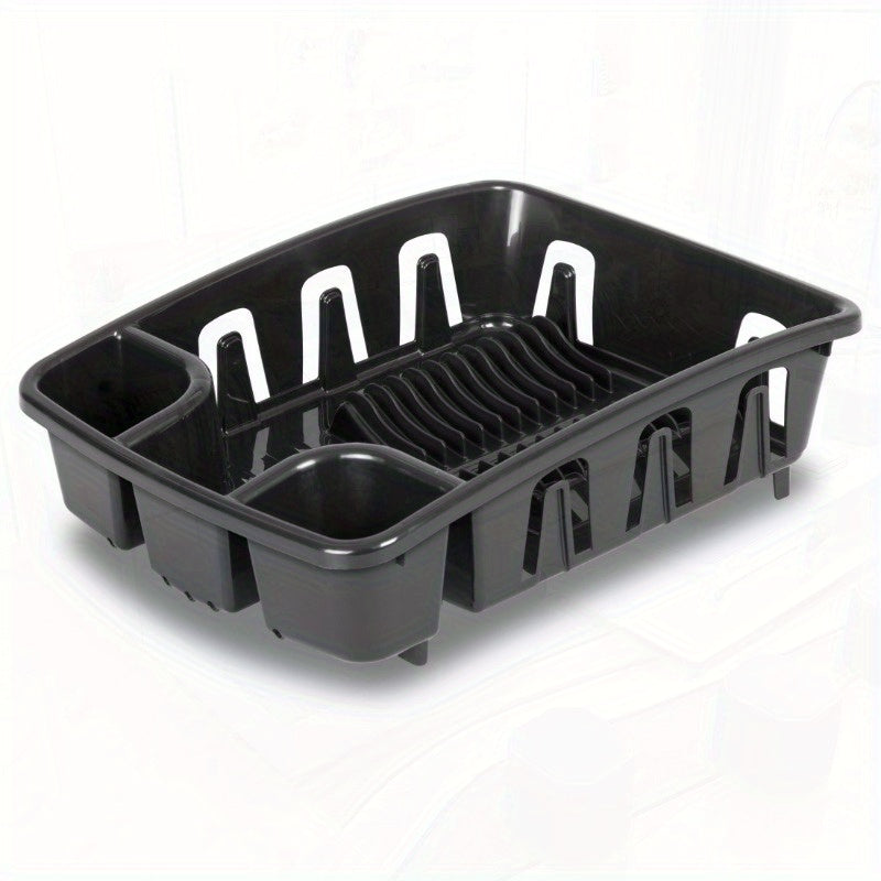 All-in-One Dish Rack and Drainboard with Inclined Base - Heavy-Duty Black Space-Saving Dish Drying Rack with 10 Plate Holders, 8 Cup Holders & Utensil Rack, Elevated Feet for Sink, Compact Design for Small Kitchens, Dishwasher-Safe & Easy Assembly, Angled