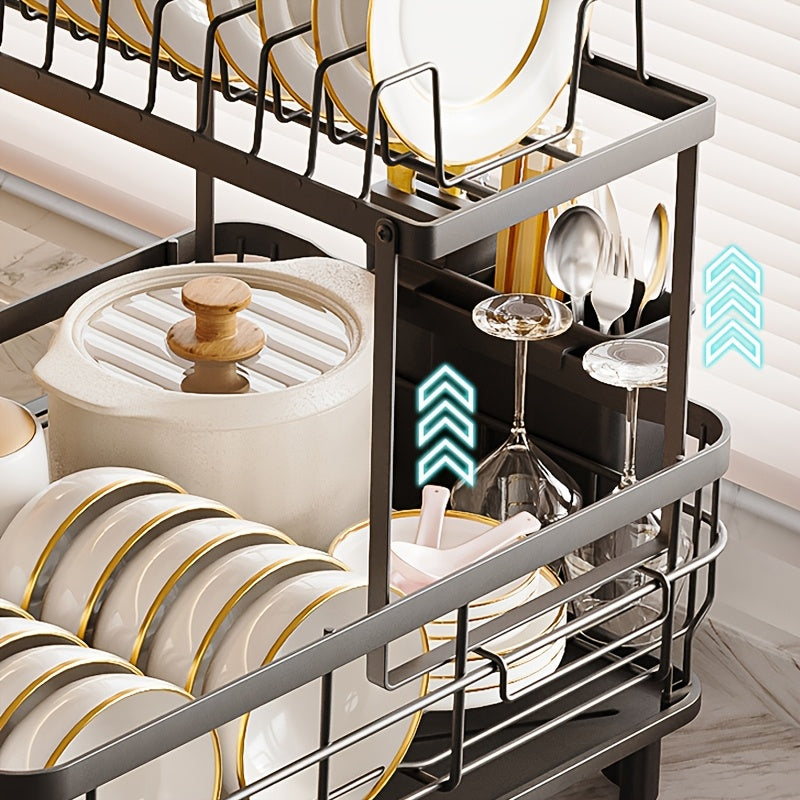 2Tier Large Dish Drying Rack - Rotatable Drain Spout Dish Rack With Drainboard, Utensil Holder, Chopstick Holder Multifunctional Dish Rack For Kitchen Counter
