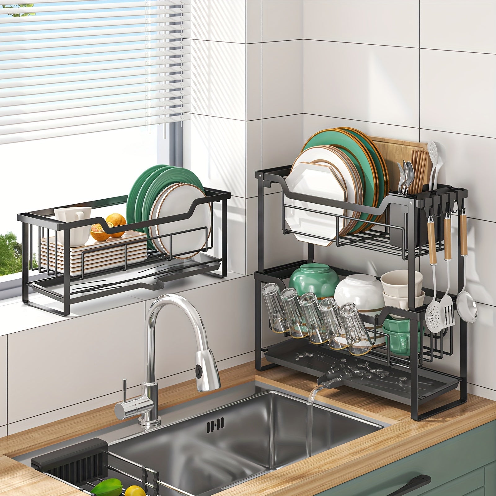 Space-Saving Dish Rack with Drain Tray, Hooks & Utensil Holders - Multifunctional Kitchen Organizer for Dishes, Cups, Knives, Forks & Chopsticks