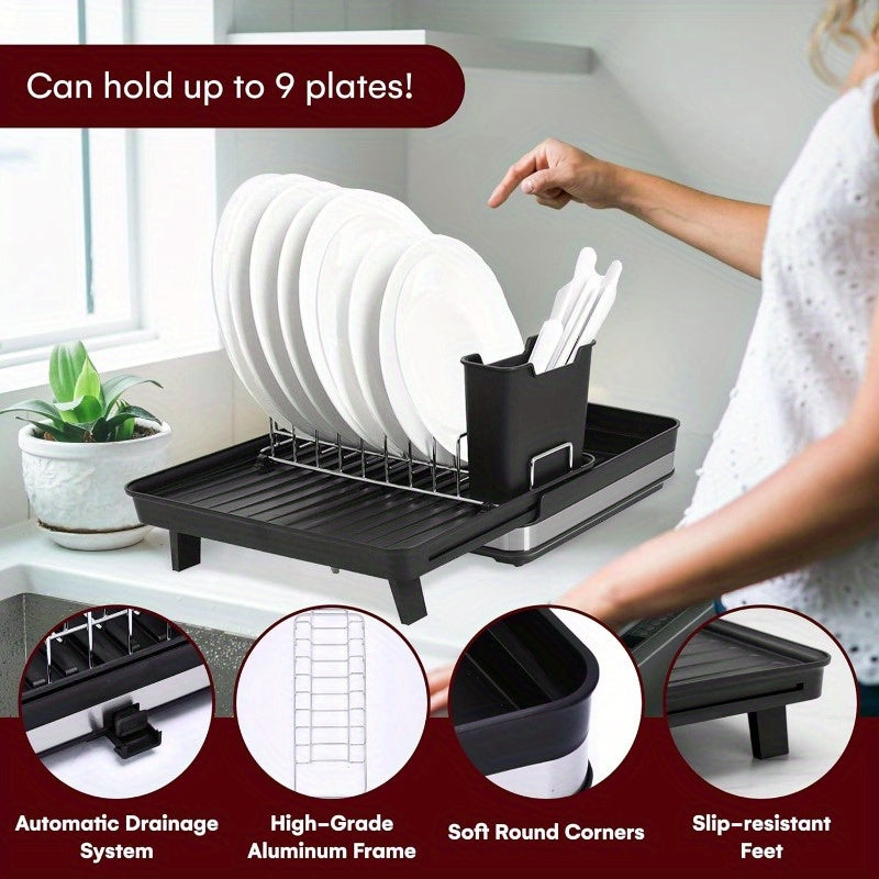 Heavy-Duty Expandable Dish Drying Rack - Space-Saving Adjustable Kitchen Organizer, Extra-Wide Dish Rack (Expands from 11.8" to 20" Wide), Rust-Resistant Aluminum Countertop Rack for Plates, Pots, Utensils - Compact Storage, Black, Kitchen Dish Drying