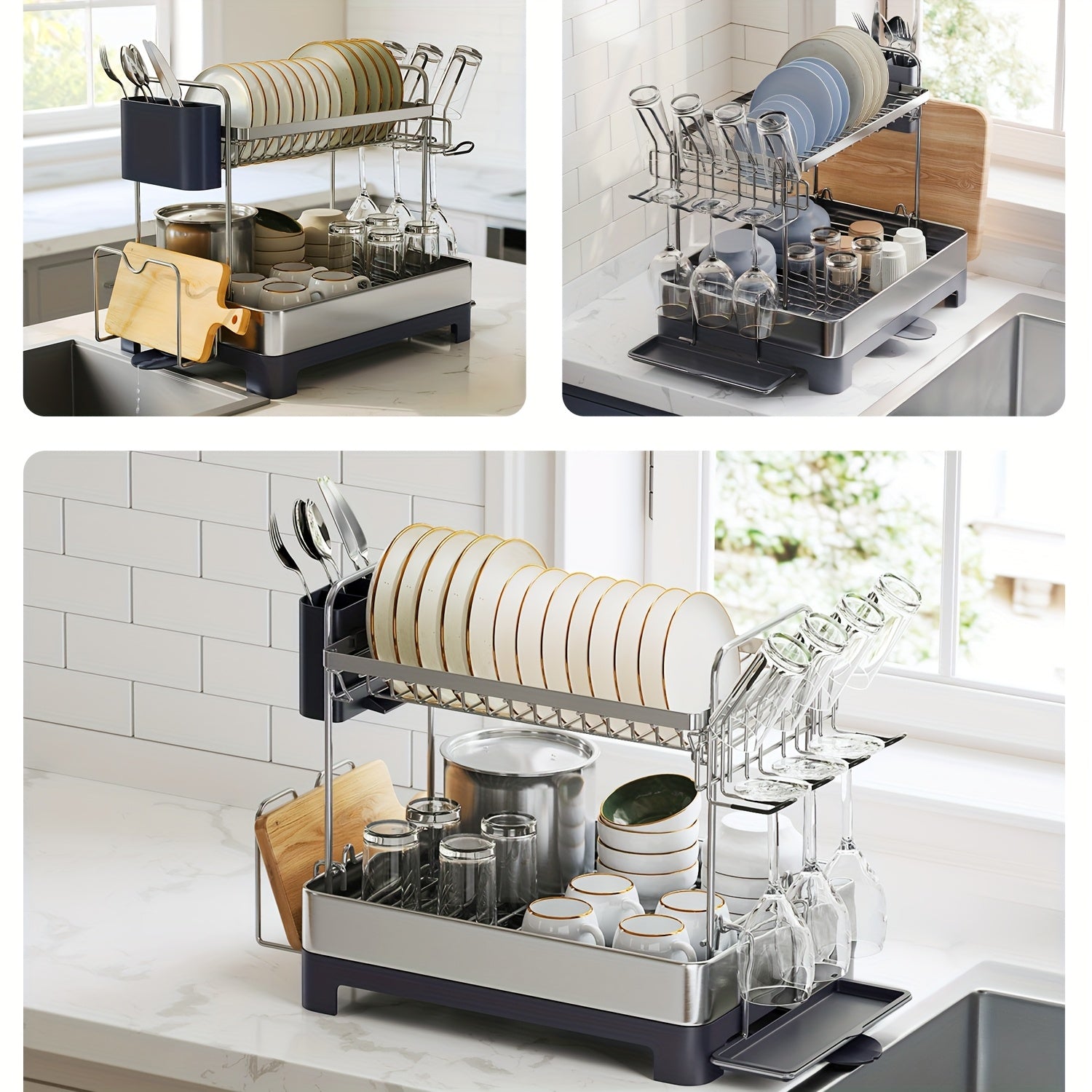[Space-Saving Dish Rack] 2 Tier Dish Drying Rack - Space-Saving Dish Rack With Rotatable Drain Spout, Extendable Drain Spout, For Utensils, Cups, Glasses, Cutting Boards, And Easy To Assemble, New Year Gift, Valentine's Day Gift