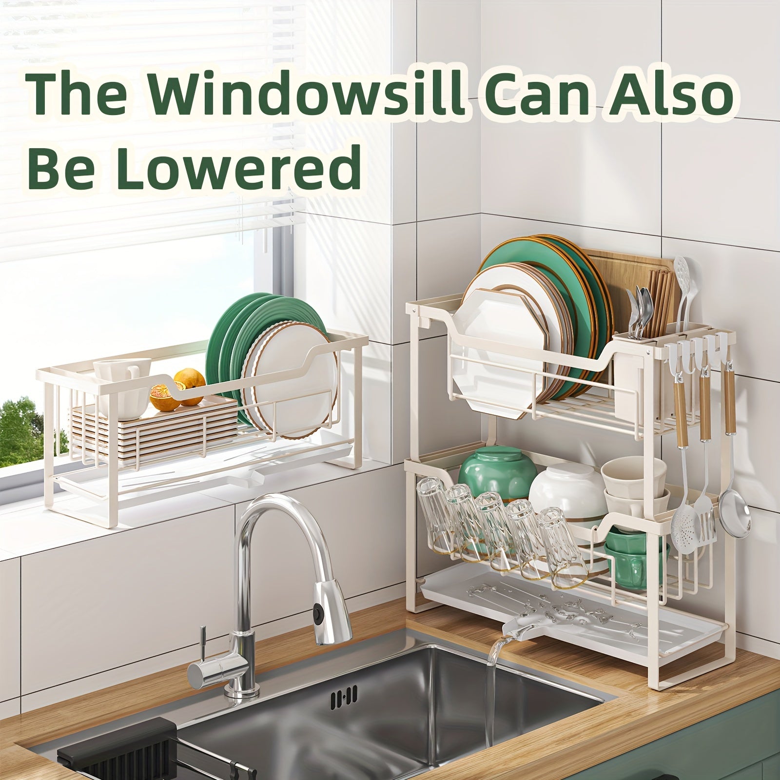 Space-Saving Dish Rack with Drain Tray, Hooks & Utensil Holders - Multifunctional Kitchen Organizer for Dishes, Cups, Knives, Forks & Chopsticks