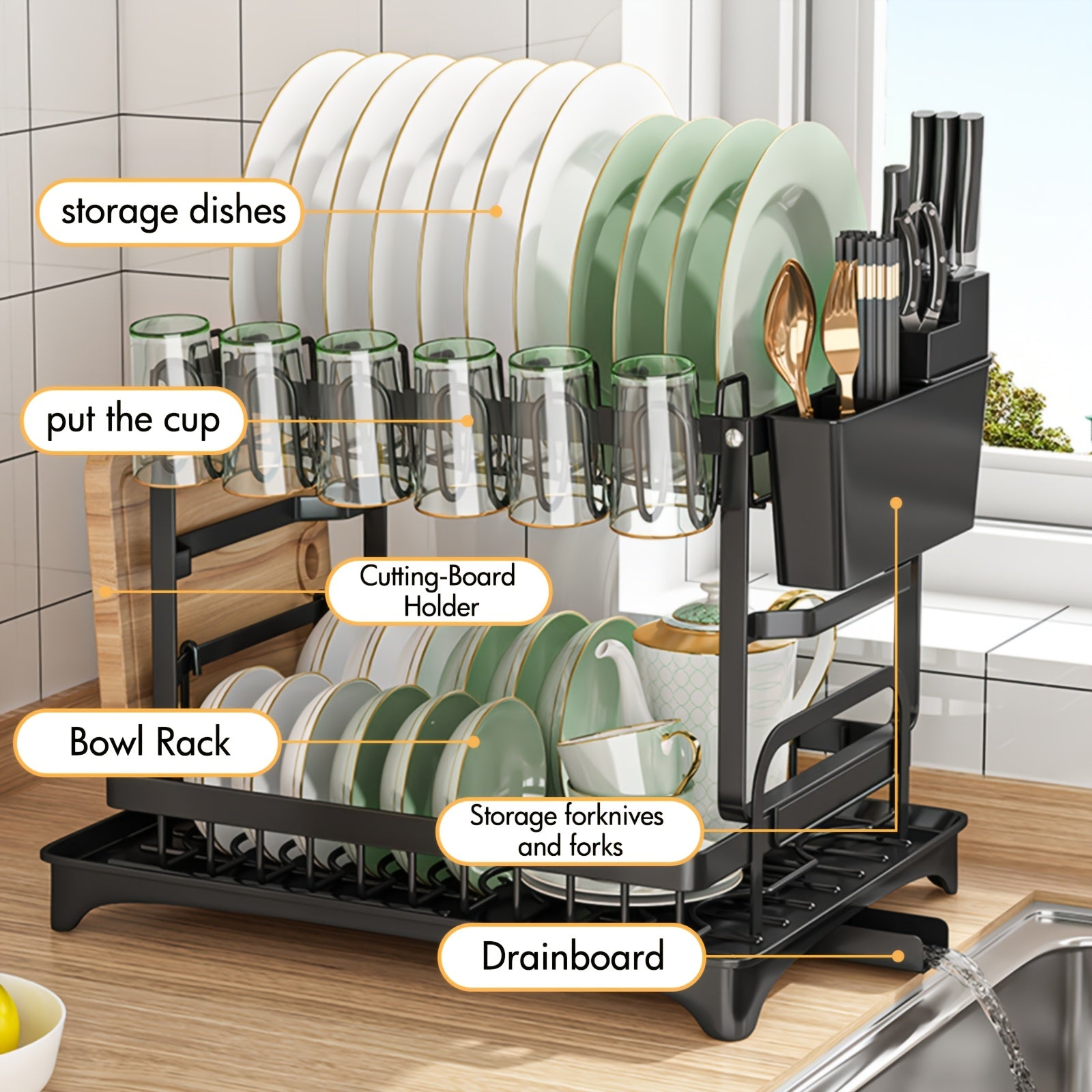 Rustproof Stainless Steel Dish Drying Rack, Dish Drying Rack for Kitchen Counter, Wine Glass Holder & Utensil Holder, Dish Racks for Kitchen Counter, Dish Drainer, Black