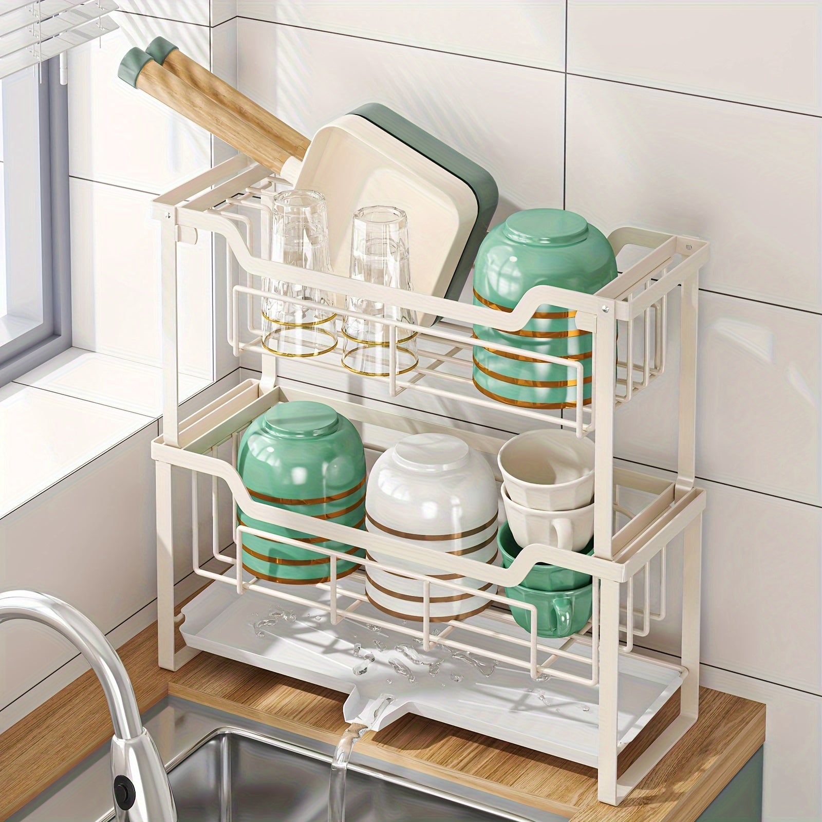Space-Saving Dish Rack with Drain Tray, Hooks & Utensil Holders - Multifunctional Kitchen Organizer for Dishes, Cups, Knives, Forks & Chopsticks