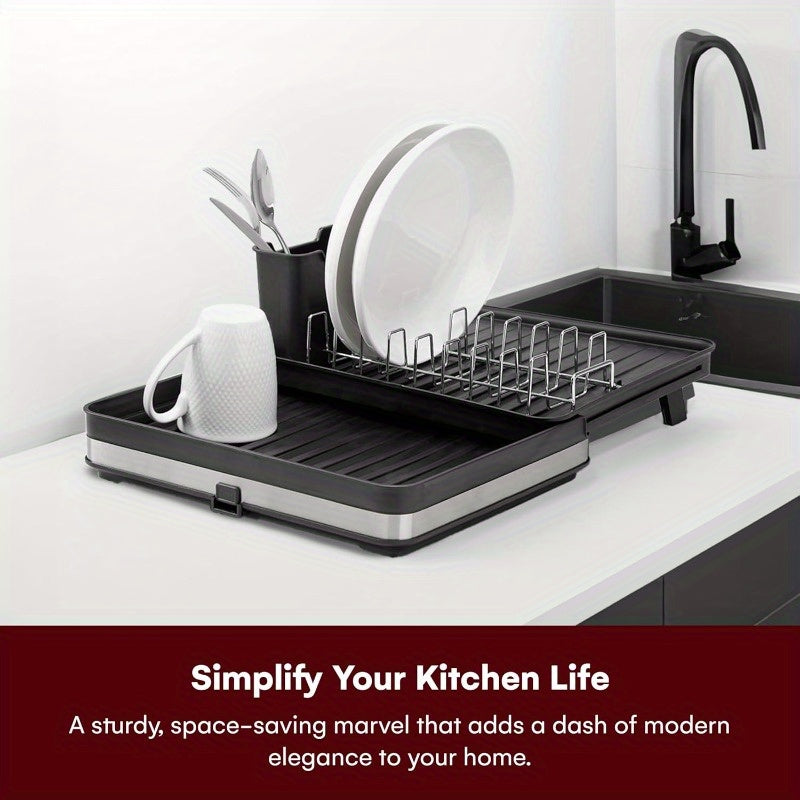 Heavy-Duty Expandable Dish Drying Rack - Space-Saving Adjustable Kitchen Organizer, Extra-Wide Dish Rack (Expands from 11.8" to 20" Wide), Rust-Resistant Aluminum Countertop Rack for Plates, Pots, Utensils - Compact Storage, Black, Kitchen Dish Drying