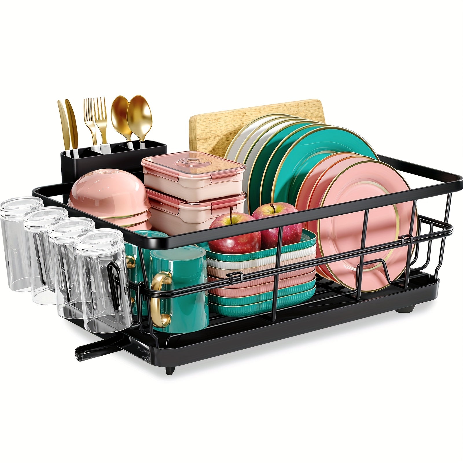 KINGRACK Large Dish Drying Rack for Kitchen Counter, Dish Drainer with Drain Board, Cup Holder & Cutlery Holder, Space-Saving Sink Dish Rack for Drying Plates, Bowls & Utensils