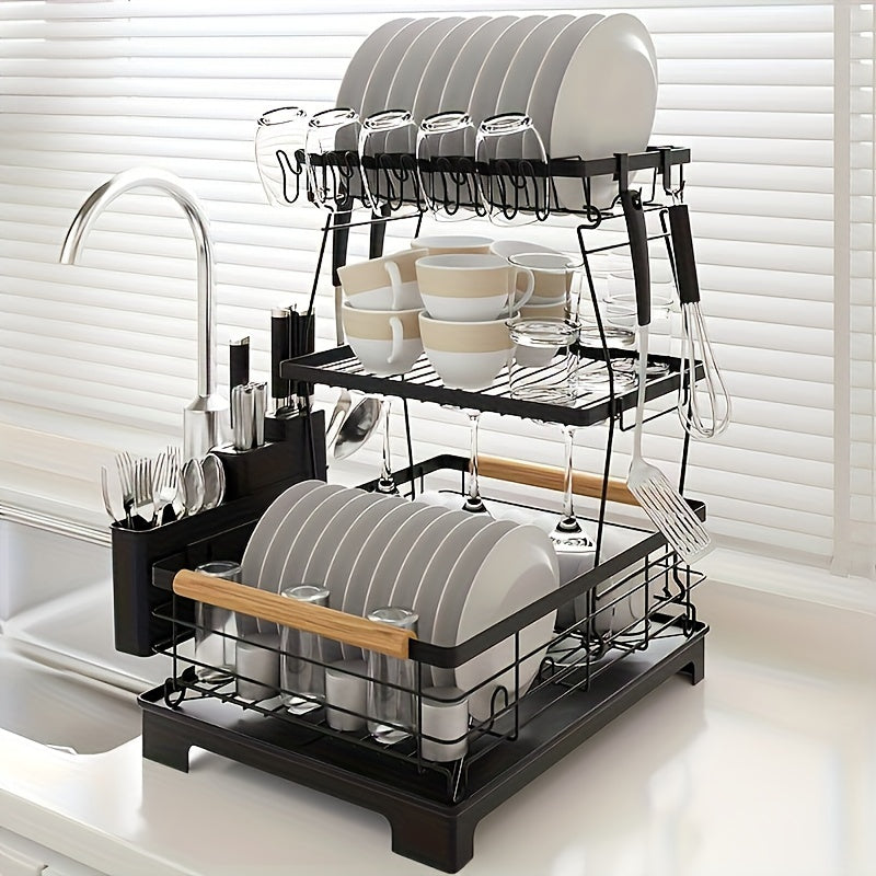 2/3-Tier Large Dish Drying Rack with Drainboard - Heavy-Duty Iron Kitchen Organizer for Dishes, Utensils, Cups & Knives - Space-Saving Countertop Storage with Lower Compartment & Ergonomic Design