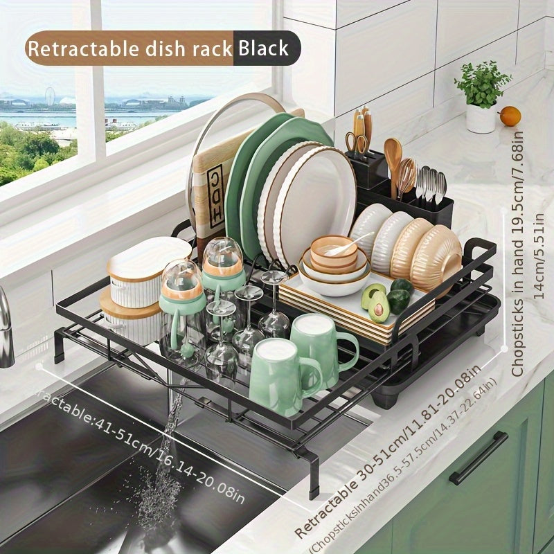 2-in-1 Expandable Rust-Resistant Metal Dish Drying Rack with Pan Slots, Utensil Holder, and Drainboard for Space-Saving Kitchen Counter and Sink Organization