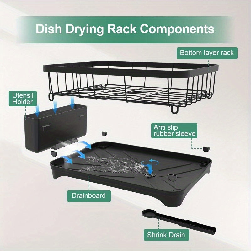Large Capacity Single Tier Dish Drying Rack with Utensil Holder & Cutlery Tray - Space-Saving Countertop Organizer, Durable Black Kitchen Counter Dish Drainer for Plates, Bowls, Cups, Utensils - Compact Design for Small Kitchens, Dish Drying Rack for
