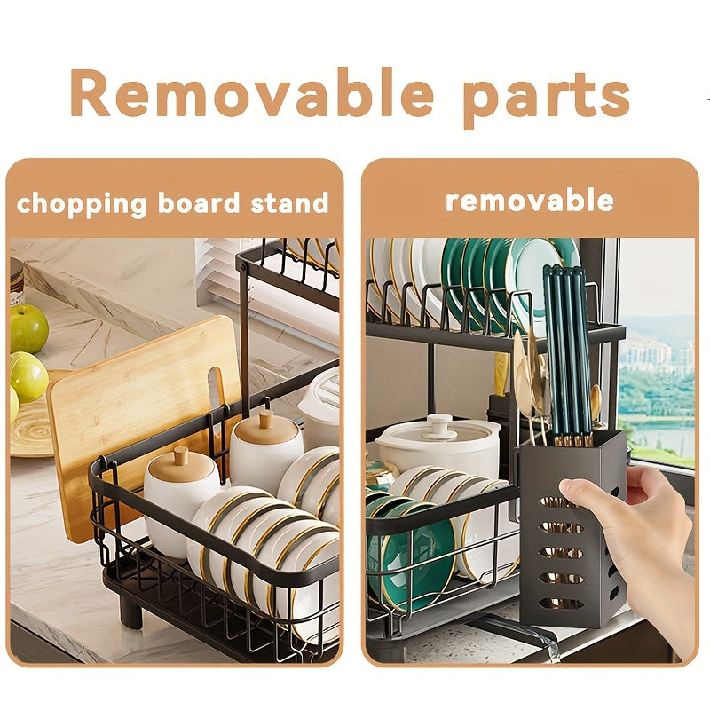 2Tier Large Dish Drying Rack - Rotatable Drain Spout Dish Rack With Drainboard, Utensil Holder, Chopstick Holder Multifunctional Dish Rack For Kitchen Counter