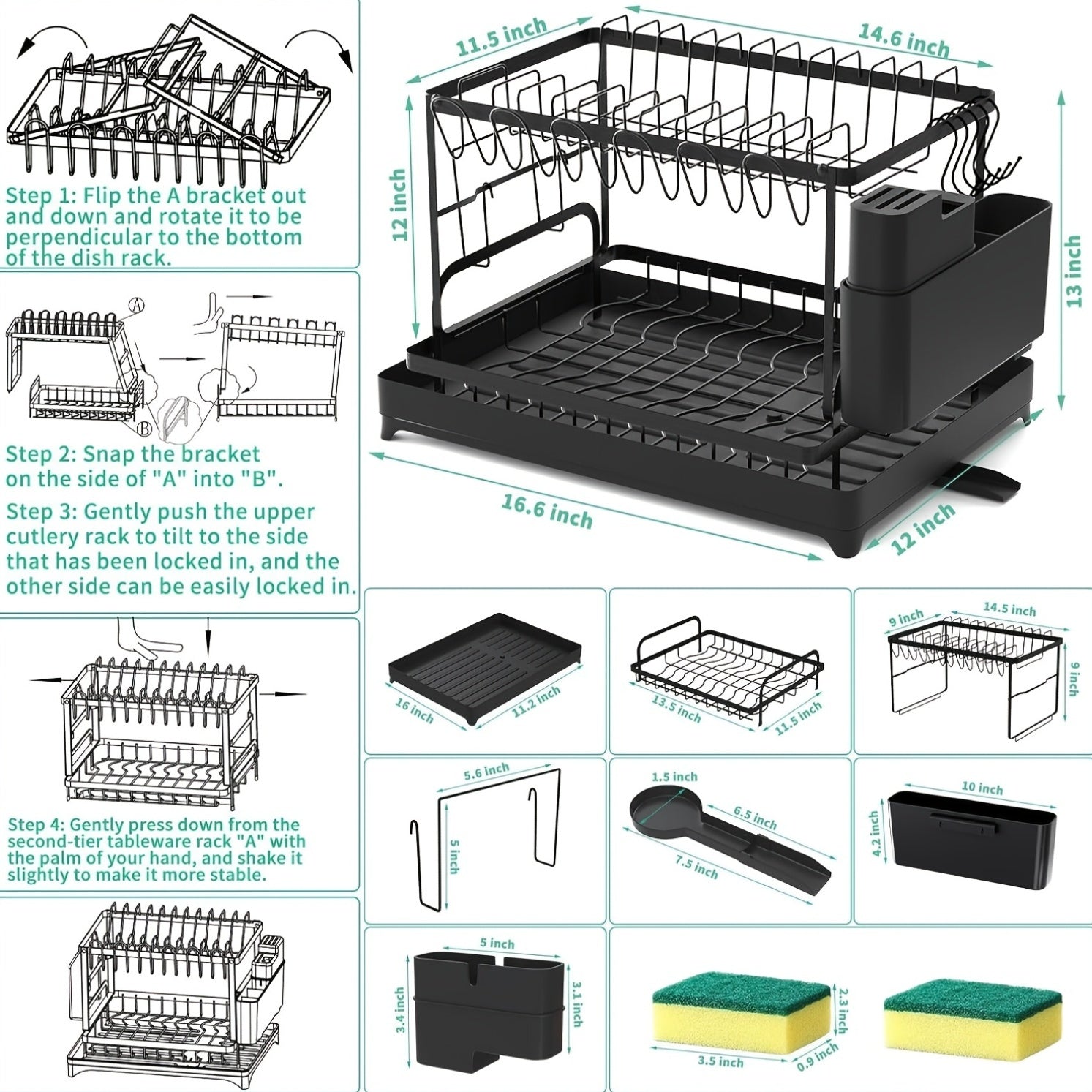 Space-Saving 2-Tier Deluxe Dish Rack Organizer with Easy Drain System, Cutlery and Cup Holders, Black