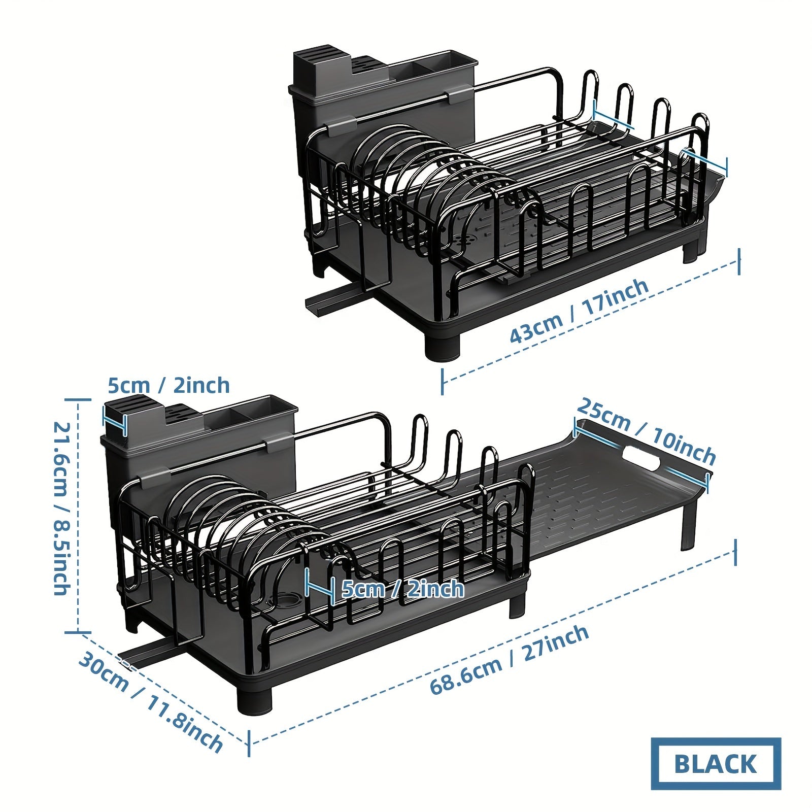 Extendable Dish Rack, Large Dish Drying Rack Multifunctional Dish Rack for Kitchen Counter, Anti-Rust Drying Dish Rack with Cutlery & Cup Holders