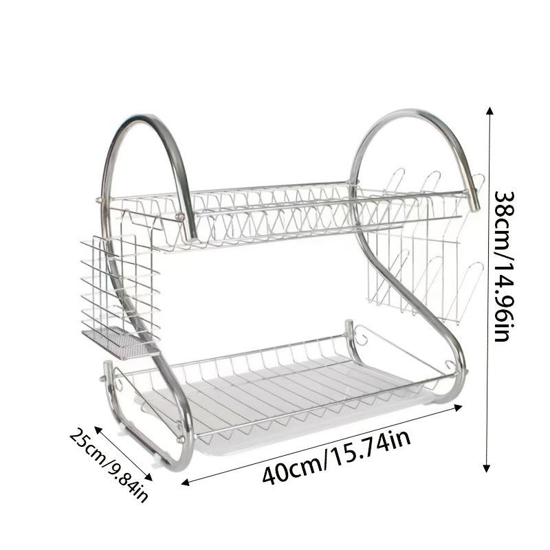2-Tier Stainless Steel Dish Drying Rack with Cutlery & Cup Holders, Space-Saving Compact Kitchen Organizer, Heavy-Duty Rust-Resistant Design with Drainage System for Small Kitchens, Dishwasher Safe & Easy to Clean Countertop Storage