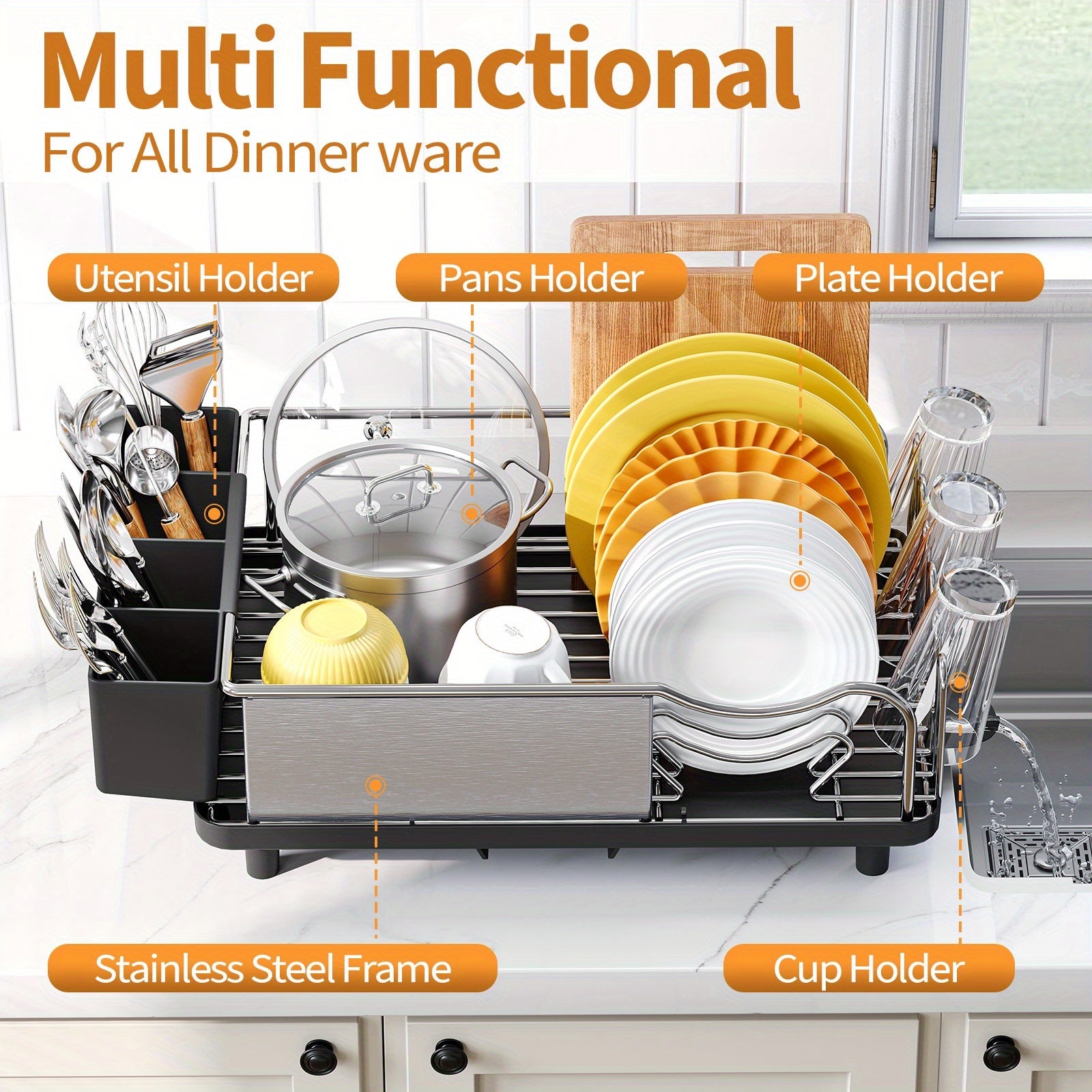 Dish Rack, 304 Stainless Steel Dish Drying Rack For Kitchen Counter, Dish Drainer With Cutlery Holder For Large Capacity, Dish Drying Rack With Drip Tray, Balck
