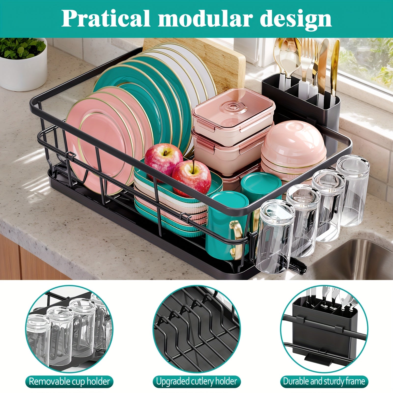KINGRACK Large Dish Drying Rack for Kitchen Counter, Dish Drainer with Drain Board, Cup Holder & Cutlery Holder, Space-Saving Sink Dish Rack for Drying Plates, Bowls & Utensils