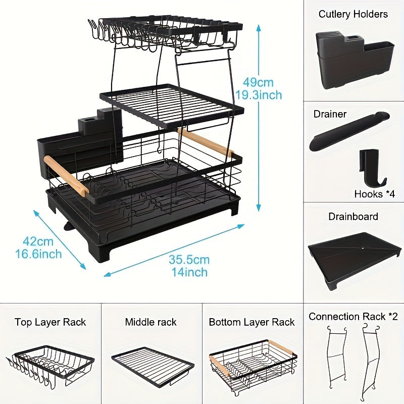 2/3-Tier Large Dish Drying Rack with Drainboard - Heavy-Duty Iron Kitchen Organizer for Dishes, Utensils, Cups & Knives - Space-Saving Countertop Storage with Lower Compartment & Ergonomic Design