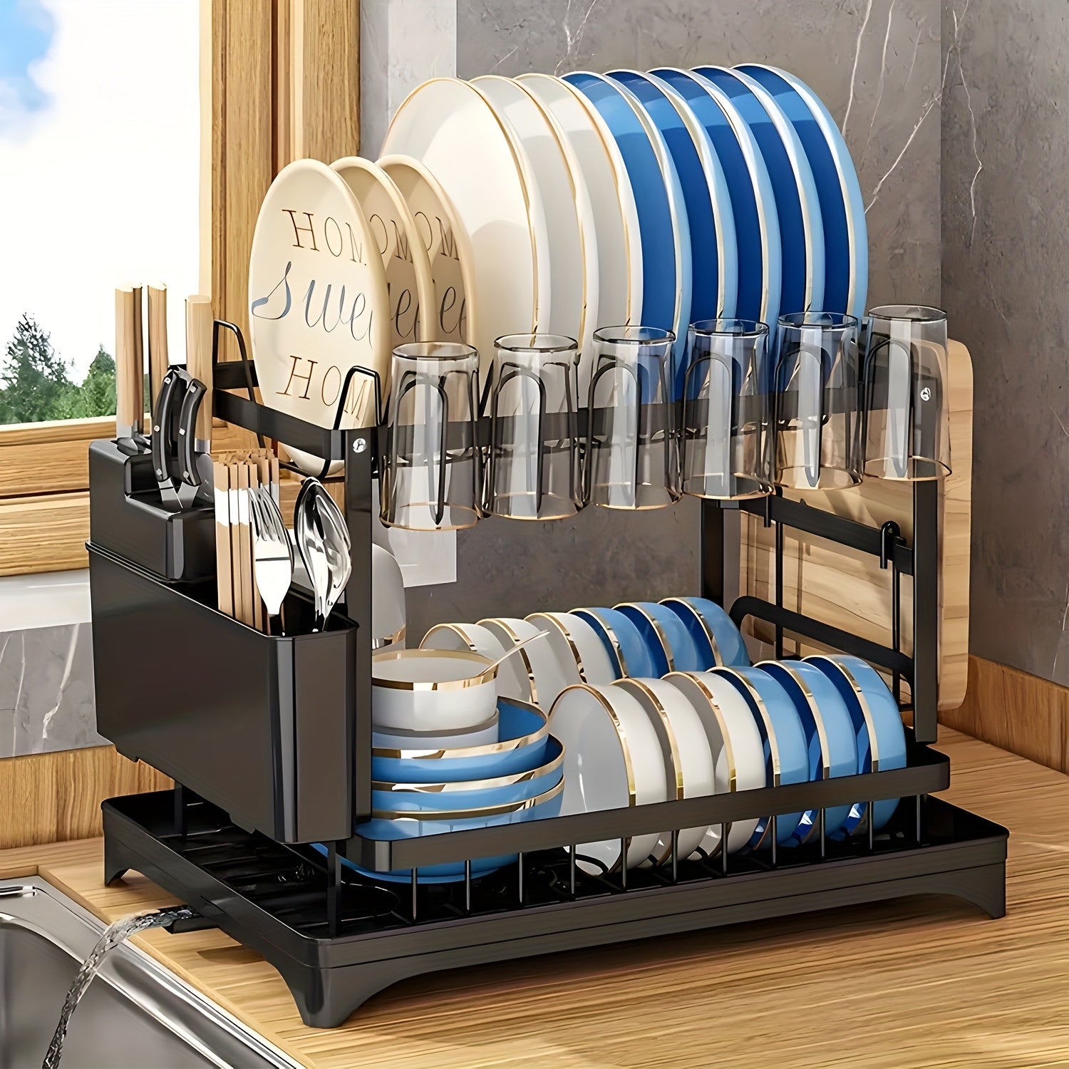 Heavy-Duty Space-Saving Dish Drying Rack - Two-Tier Kitchen Organizer with Draining Board, Sturdy Metal Construction for Plates, Bowls, Cups, Utensils - Compact Countertop Dish Rack for Home & Commercial Kitchens, Sleek Modern Design, Efficient Storage