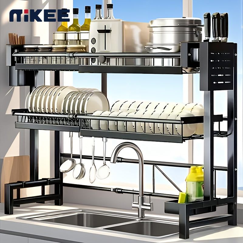 MIKEE Adjustable Over The Sink Dish Drying Rack - 2-Tier Space-Saving Kitchen Organizer with Multifunctional Baskets, Durable Plastic & Carbon Steel Construction, Black, Over Sink Storage | Sleek Black Rack | Innovative Design
