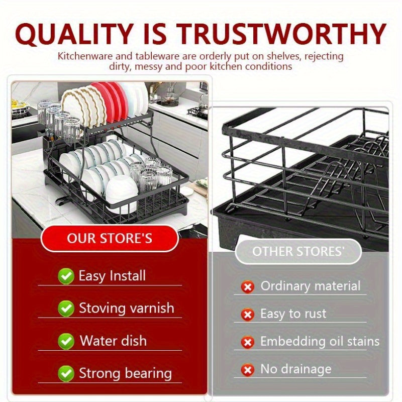Double Dish Rack for Double Countertops Is Here! It Has a Unique 360° Drainage Function, Tableware Can Dry Quickly. The Drain Tray with The Cutlery Rack And 4 Cup Holders Is Placed Directly Above The Sink, Whether It Is a Dish Or a Cup, It Can Easily