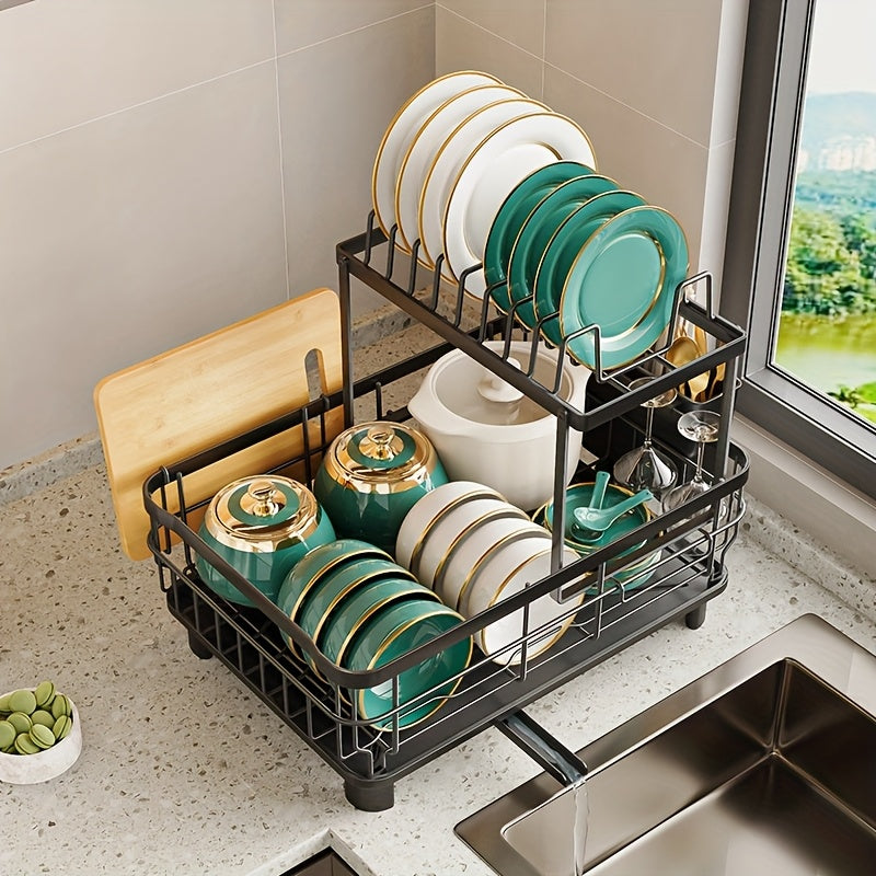 2Tier Large Dish Drying Rack - Rotatable Drain Spout Dish Rack With Drainboard, Utensil Holder, Chopstick Holder Multifunctional Dish Rack For Kitchen Counter